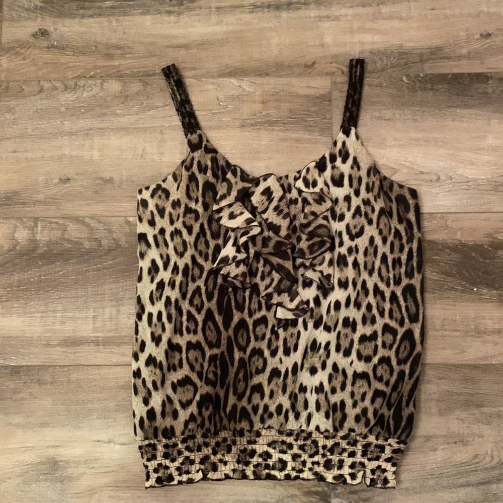 Studio Y animal print top with ruffle detail and fitted hem